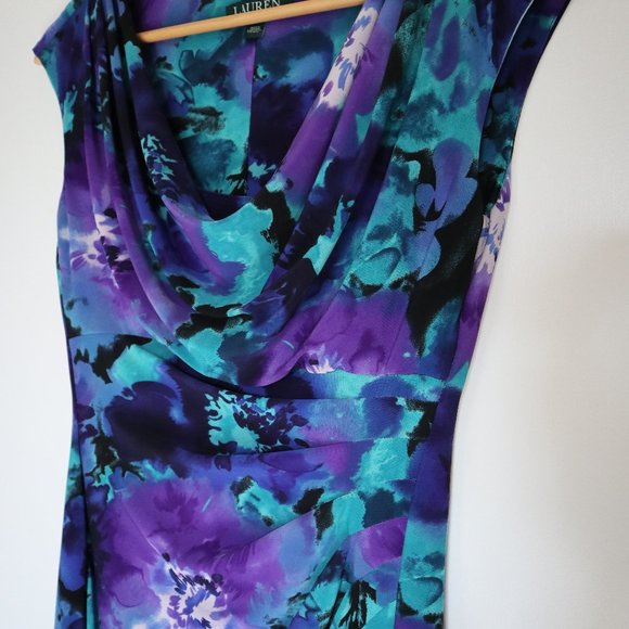 Ralph Lauren Purple, Teal, and Black Fitted Cowl Neck Dress - Picture 3 of 9